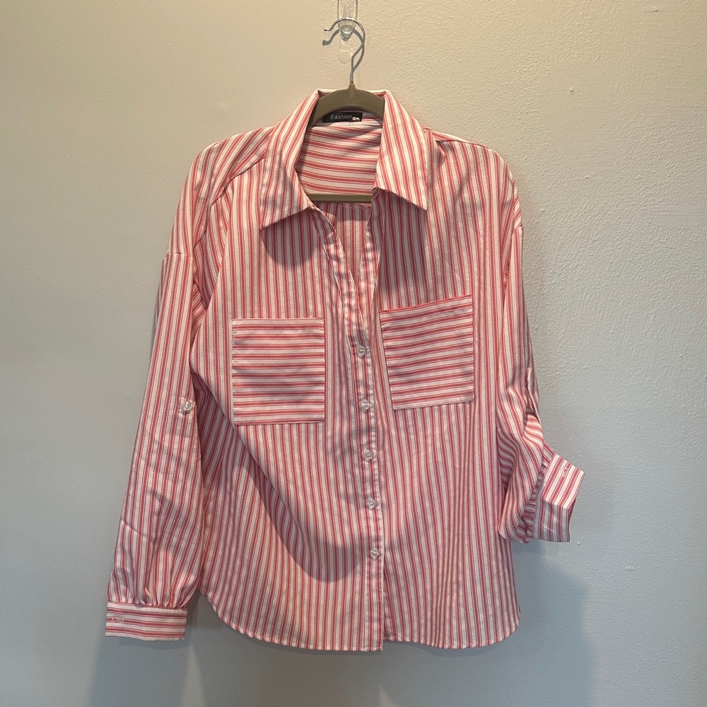 Striped Button-Up Shirt in Pink and White